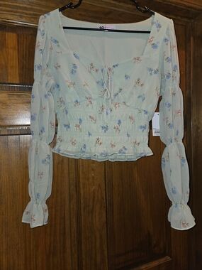 SO Mint Floral Smocked Peasant Top